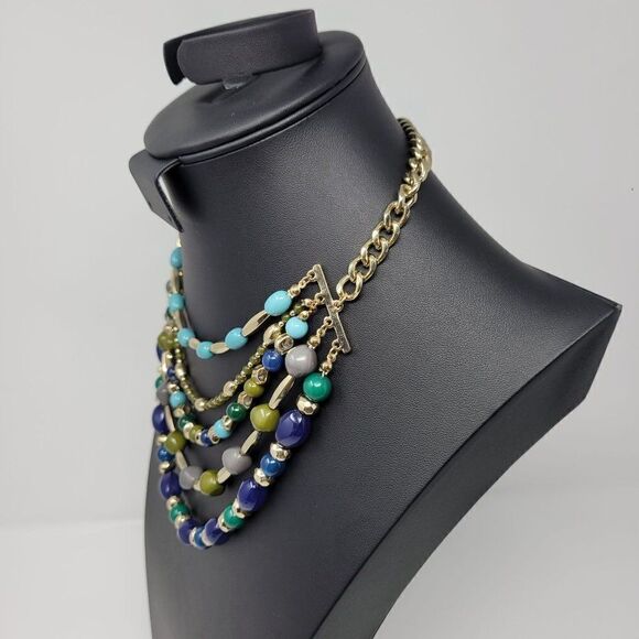 Multi Strand Layered Bib Chocker Necklace 5 Strand Beaded Blue Gold Green Gift - Picture 10 of 11